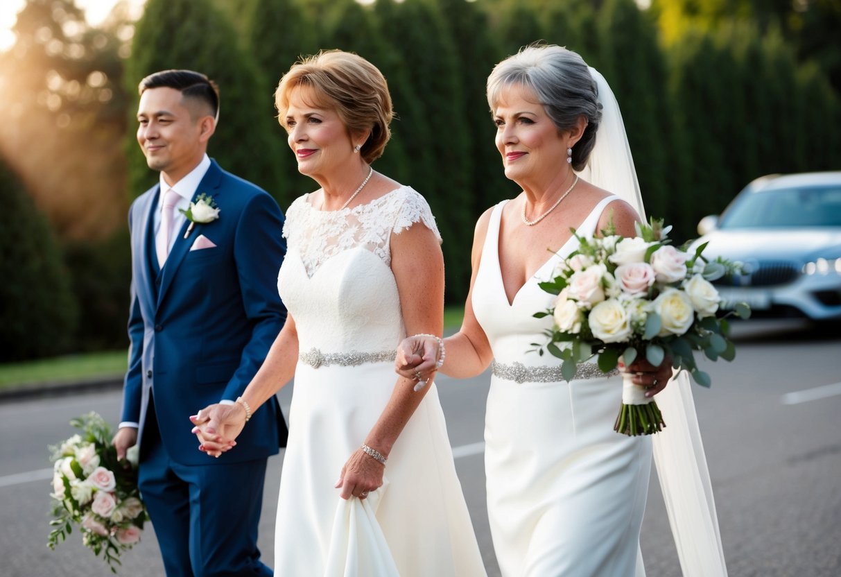 The bride's mother walks first, followed by the groom's mother, both carrying bouquets of flowers