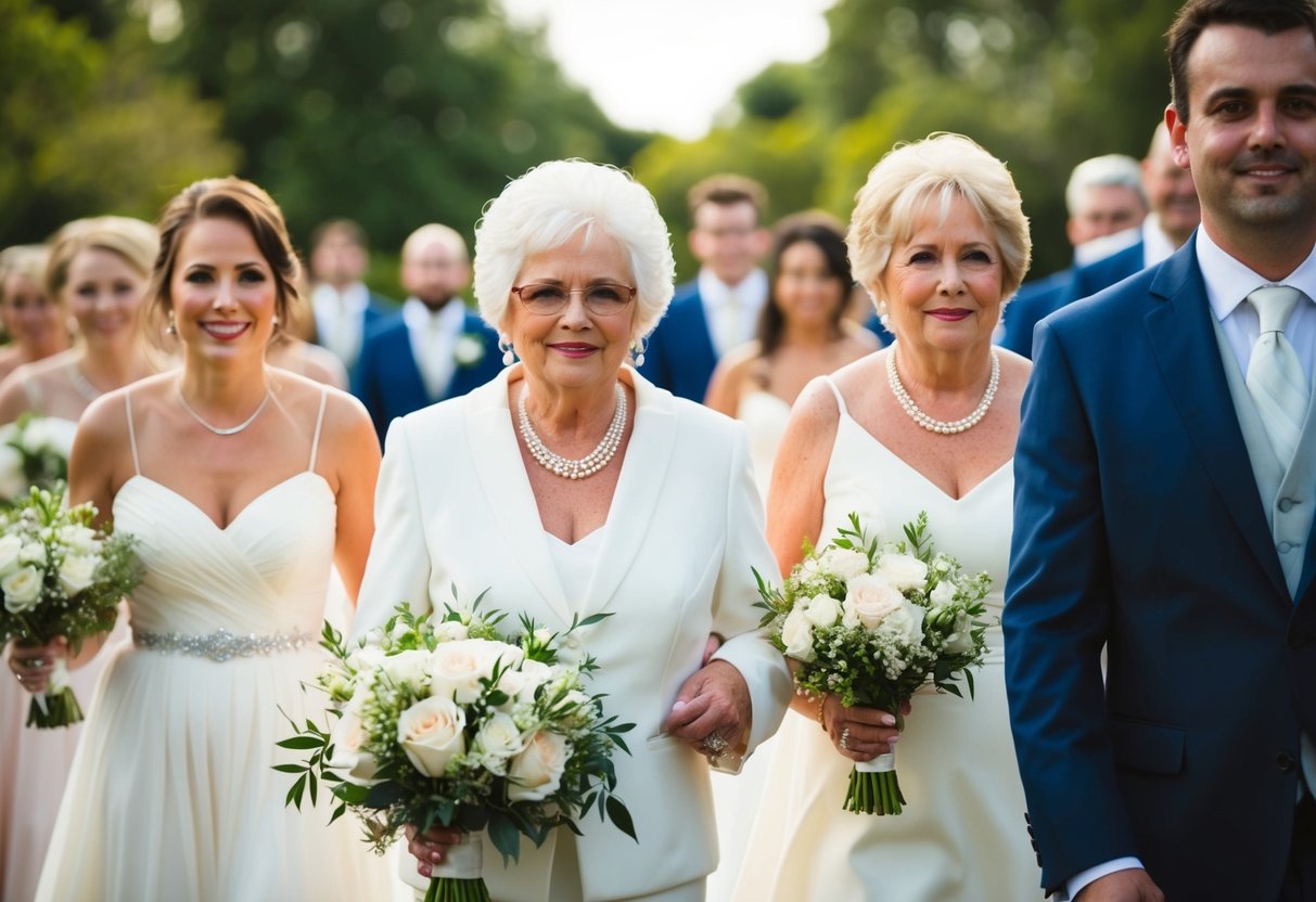The bride's mother leads the wedding procession, followed by the groom's mother
