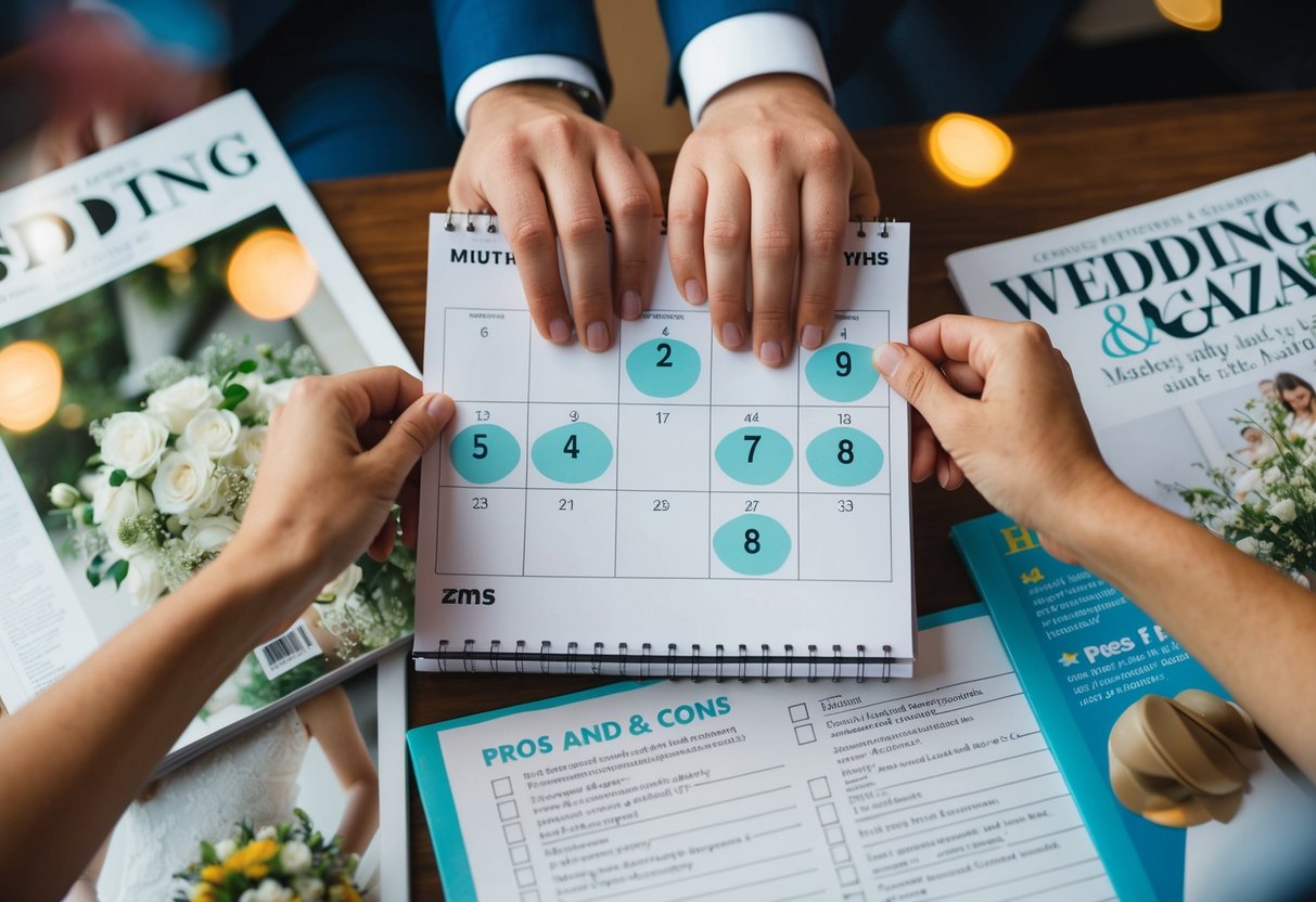 A couple's hands holding a calendar with 8 months circled, surrounded by wedding magazines and a list of pros and cons