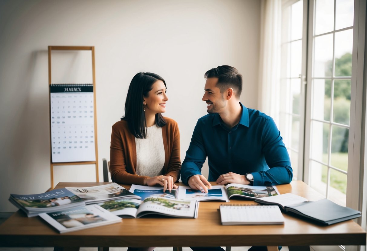 A couple sitting at a table surrounded by wedding magazines and a calendar, discussing their future together