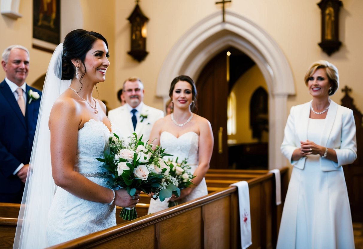 A woman with a bouquet waits at the front of a church aisle, while another woman stands at the entrance, watching her with a smile