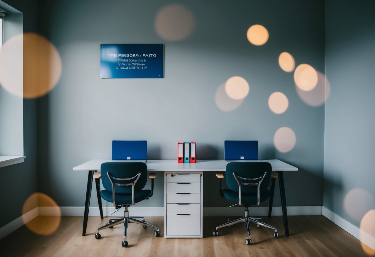 A room with a desk, chairs, and a sign on the wall