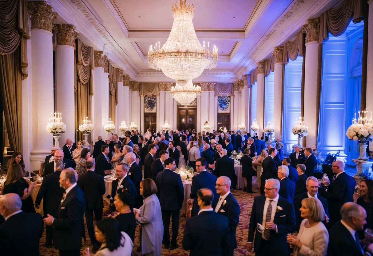 A grand room filled with elegant decor and lively chatter, as guests mingle and enjoy the cultural and event reception