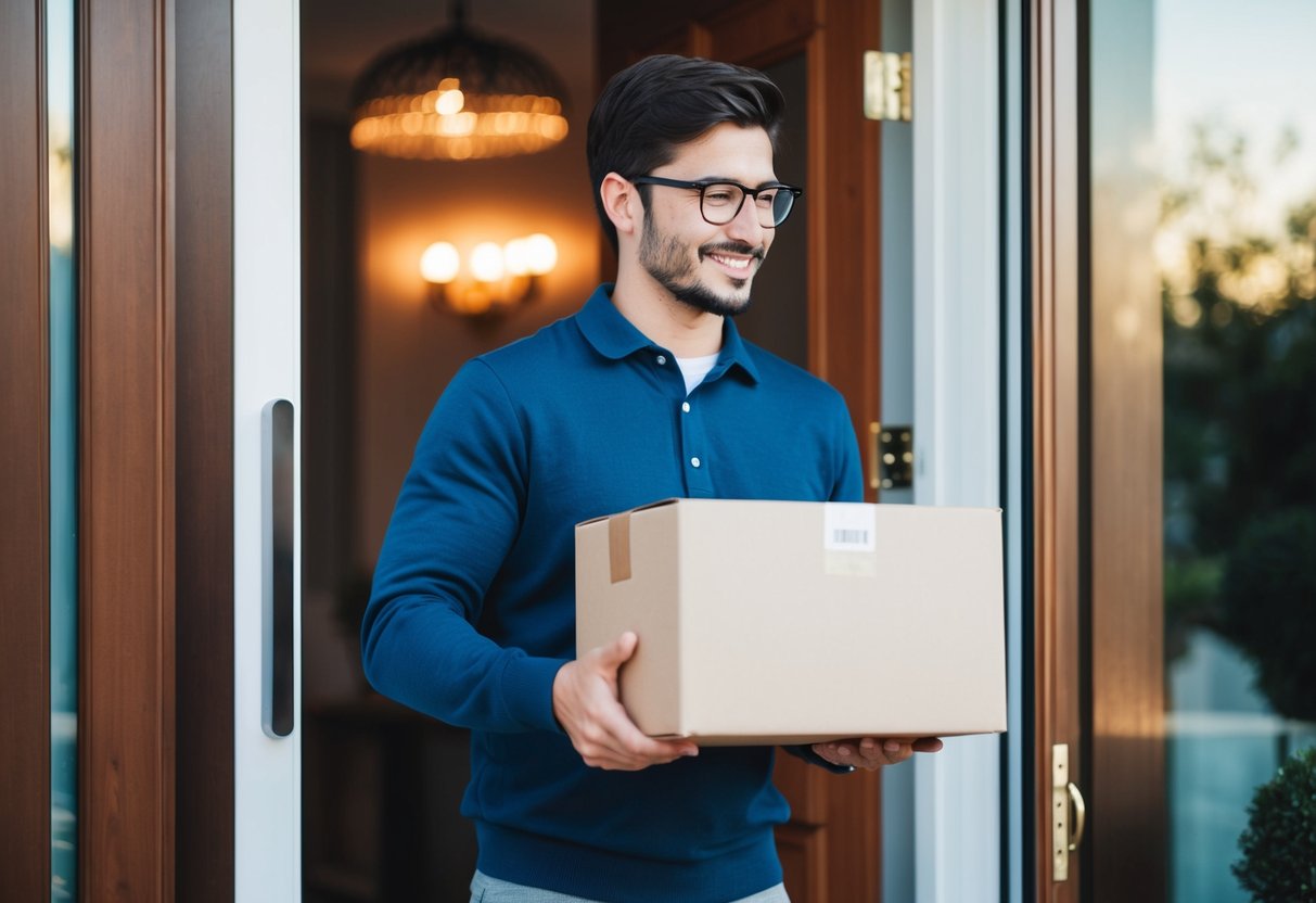 A person receiving a package at their front door