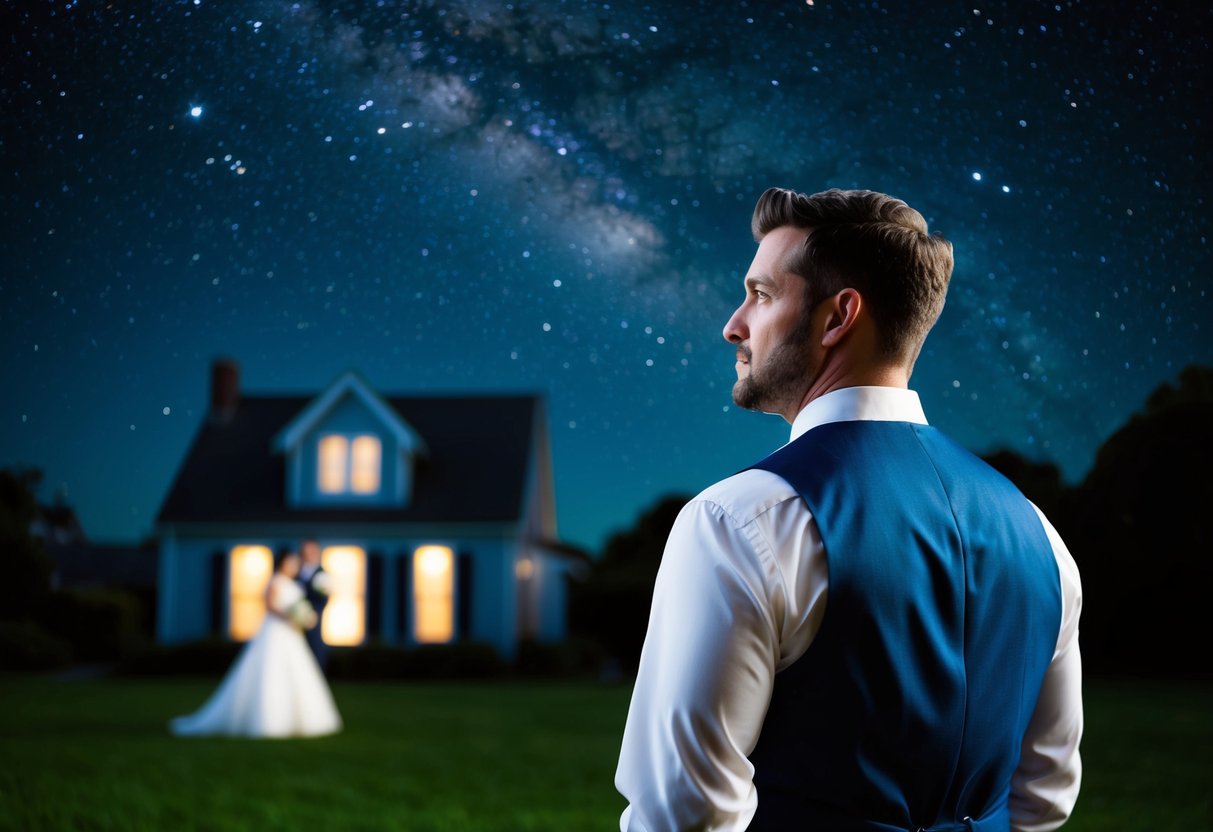 A groom gazes at a starry night sky, a faint glow emanating from a distant house where his bride-to-be prepares for their wedding day