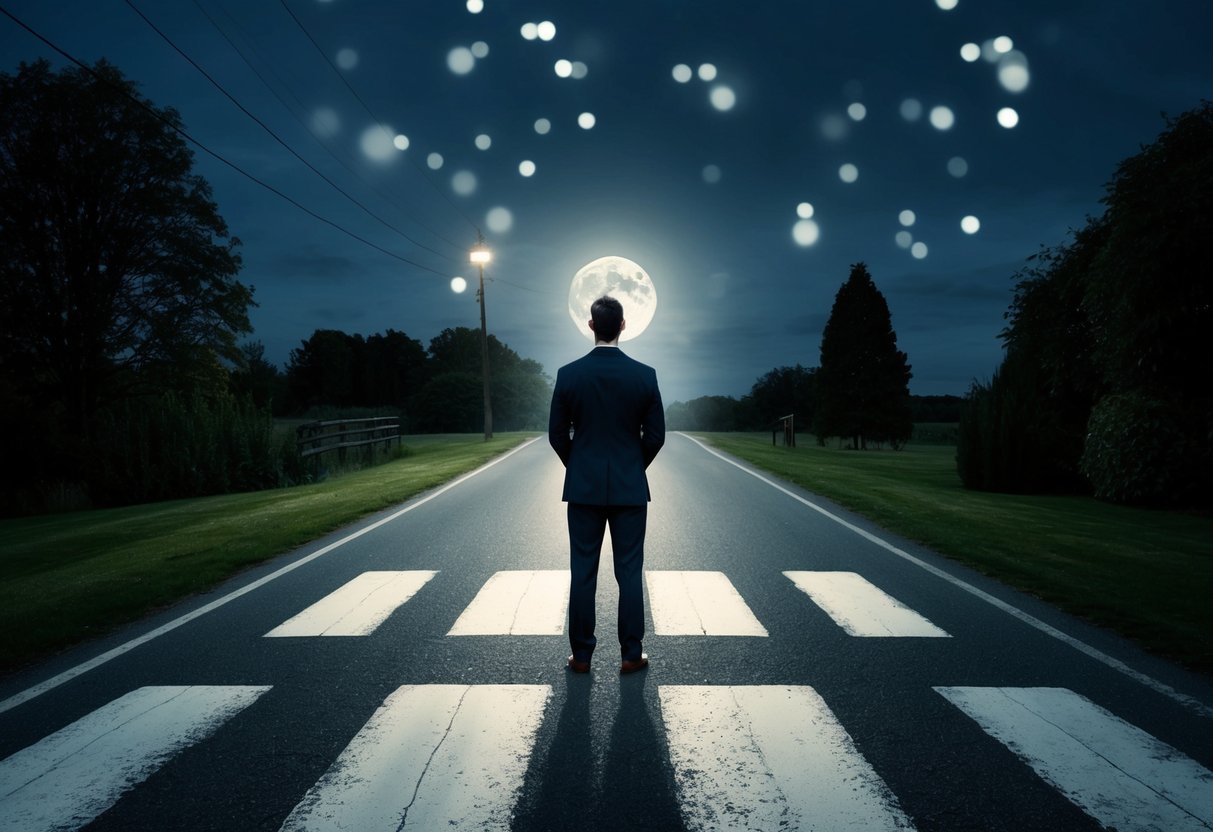 A groom stands at a crossroads, one path leading to his bride's embrace, the other to solitude. The moonlight illuminates his contemplation
