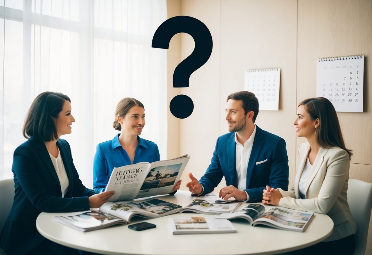 A couple sits at a table, surrounded by wedding magazines and a calendar. A question mark hovers between them as they discuss the future