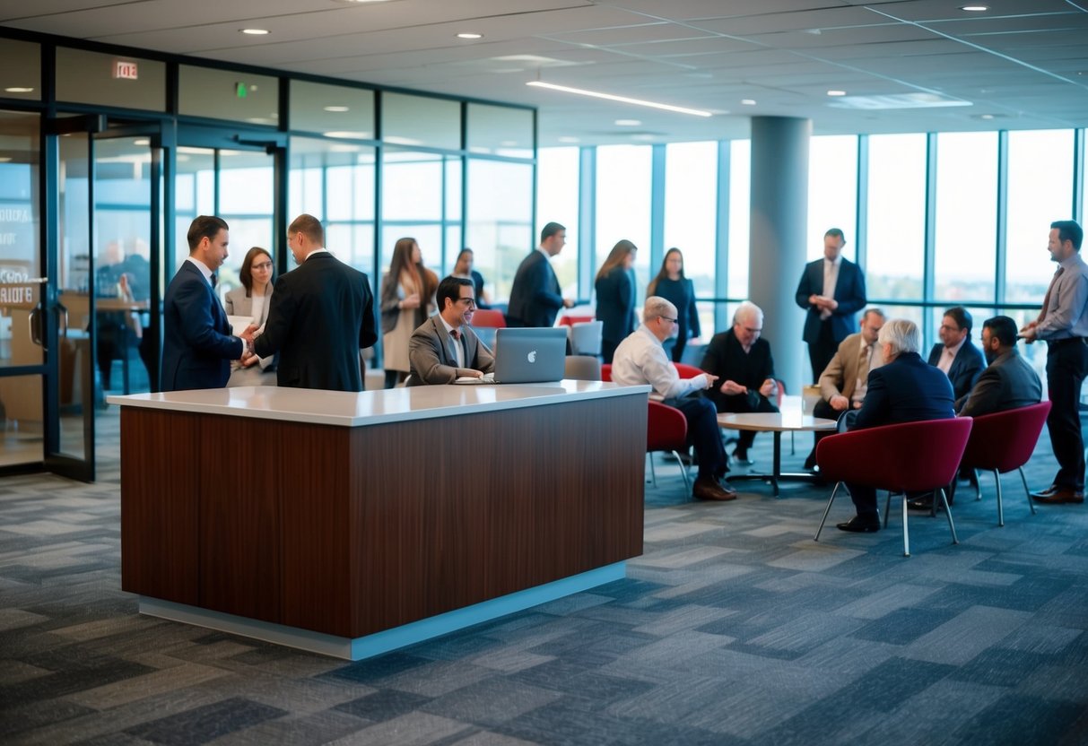 A gathering area with a desk and seating, where people are welcomed and assisted