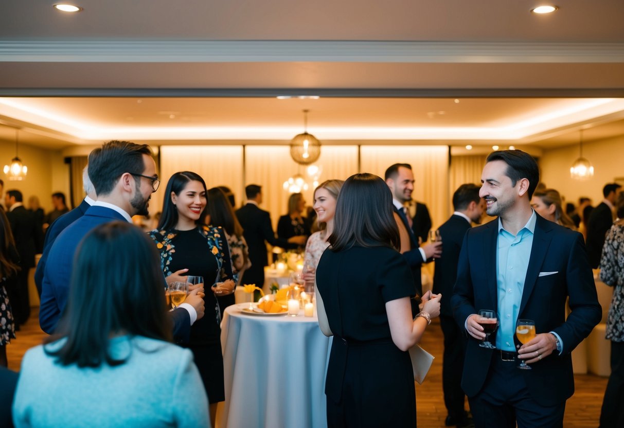 Gathering: A group of people mingling in a tastefully decorated space with refreshments and ambient lighting
