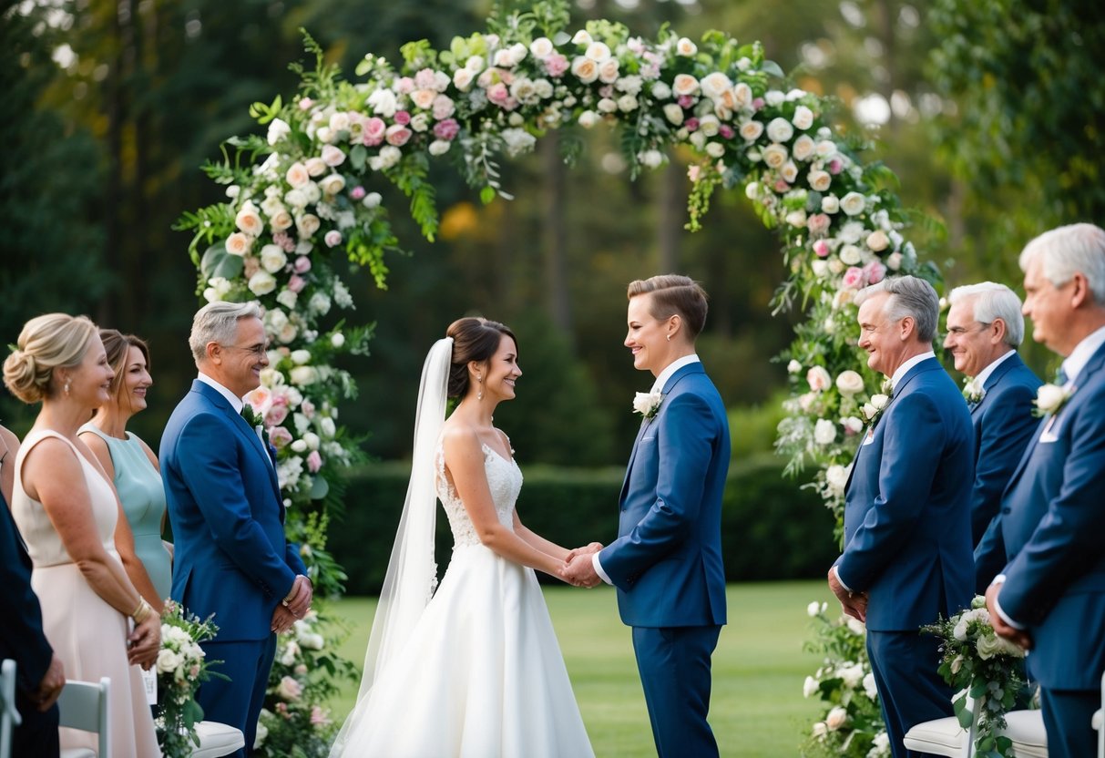 A bride and groom standing under a floral arch, surrounded by family and friends, exchanging vows