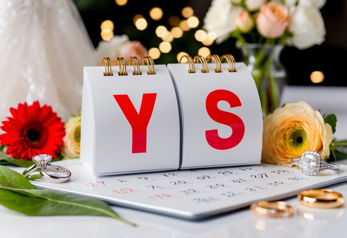 A calendar with two years marked in red, surrounded by wedding-related items like rings, flowers, and a wedding dress