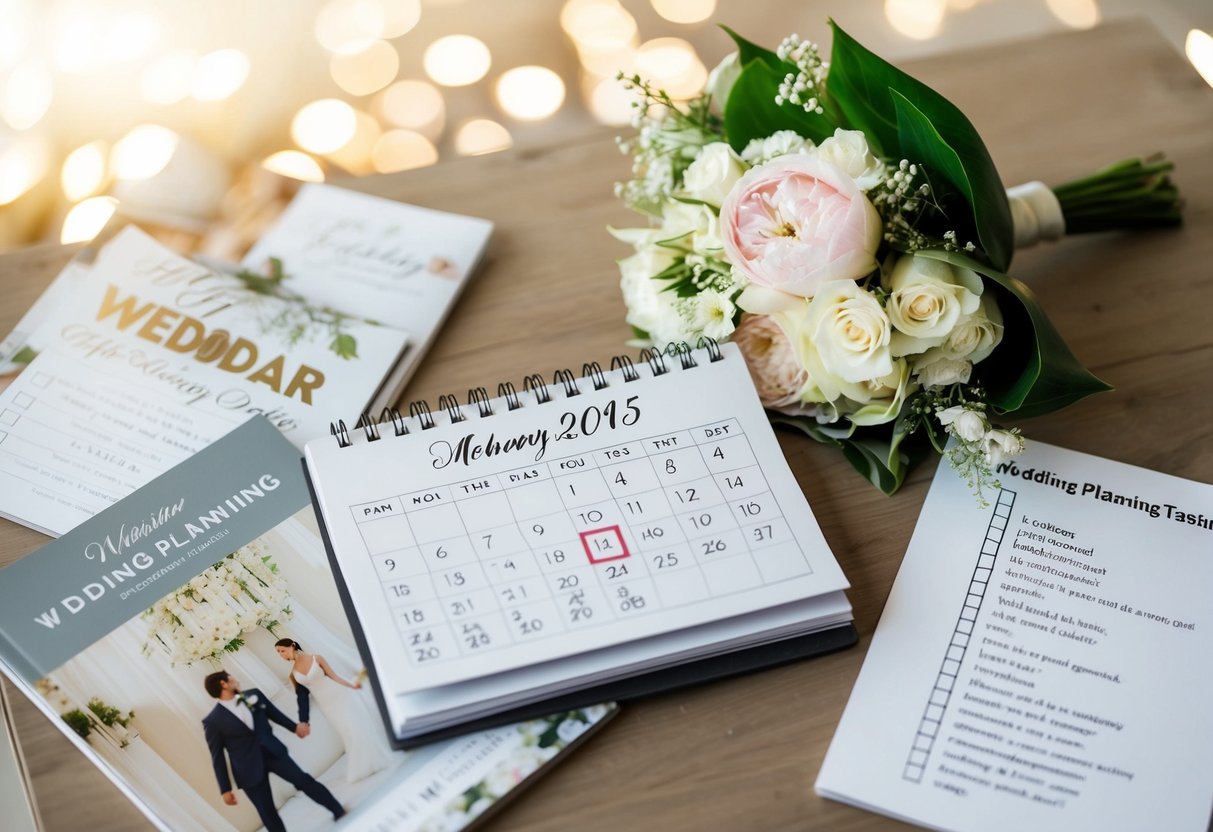 A calendar with a wedding date circled, surrounded by wedding magazines, a bouquet of flowers, and a checklist of wedding planning tasks