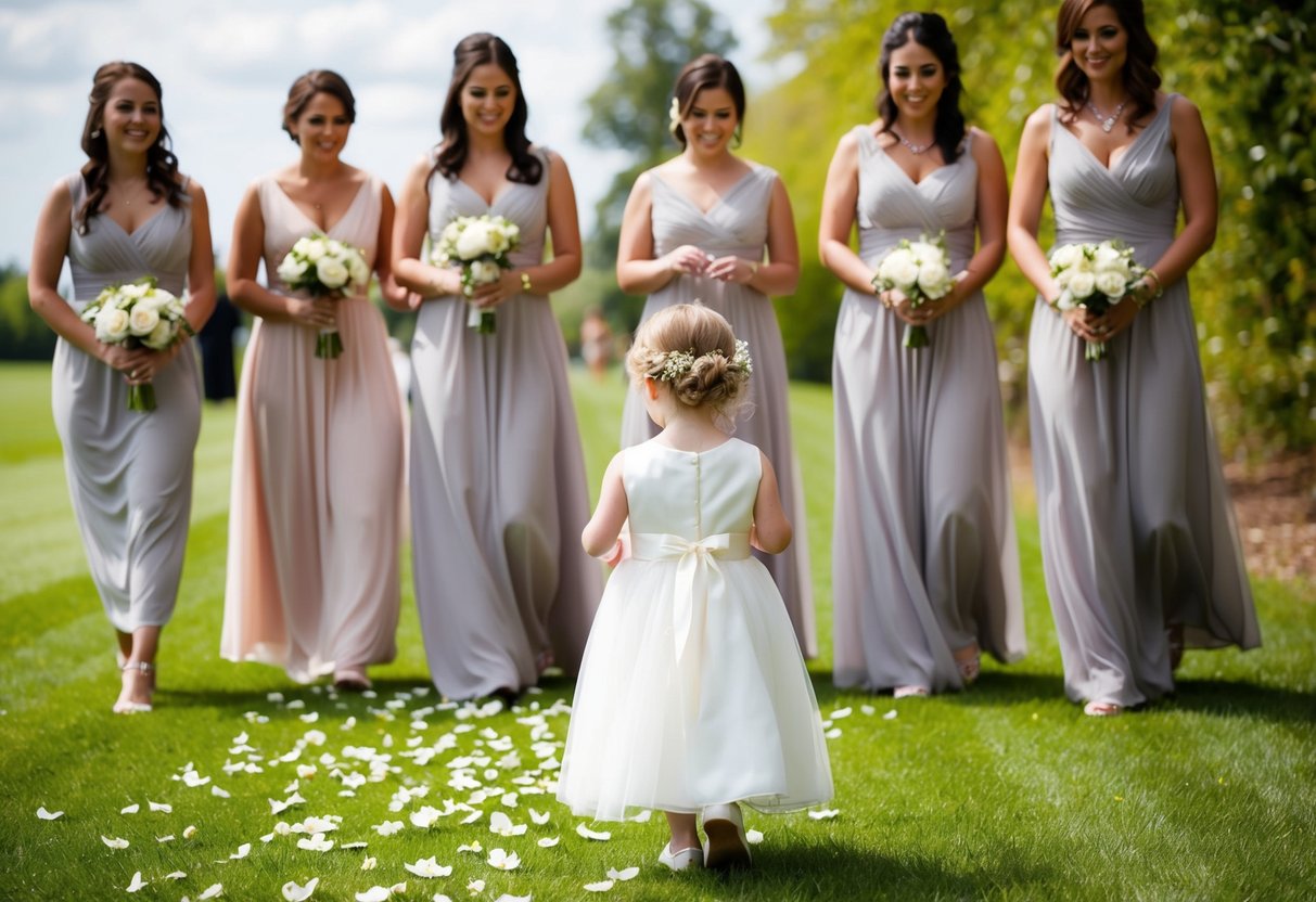 Bridesmaids walk first, followed by the flower girl scattering petals