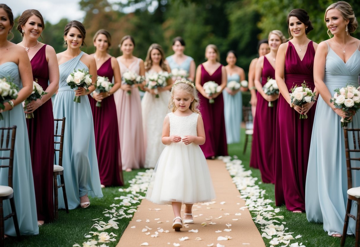 Bridesmaids walk first in the wedding processional, followed by the flower girl scattering petals along the aisle