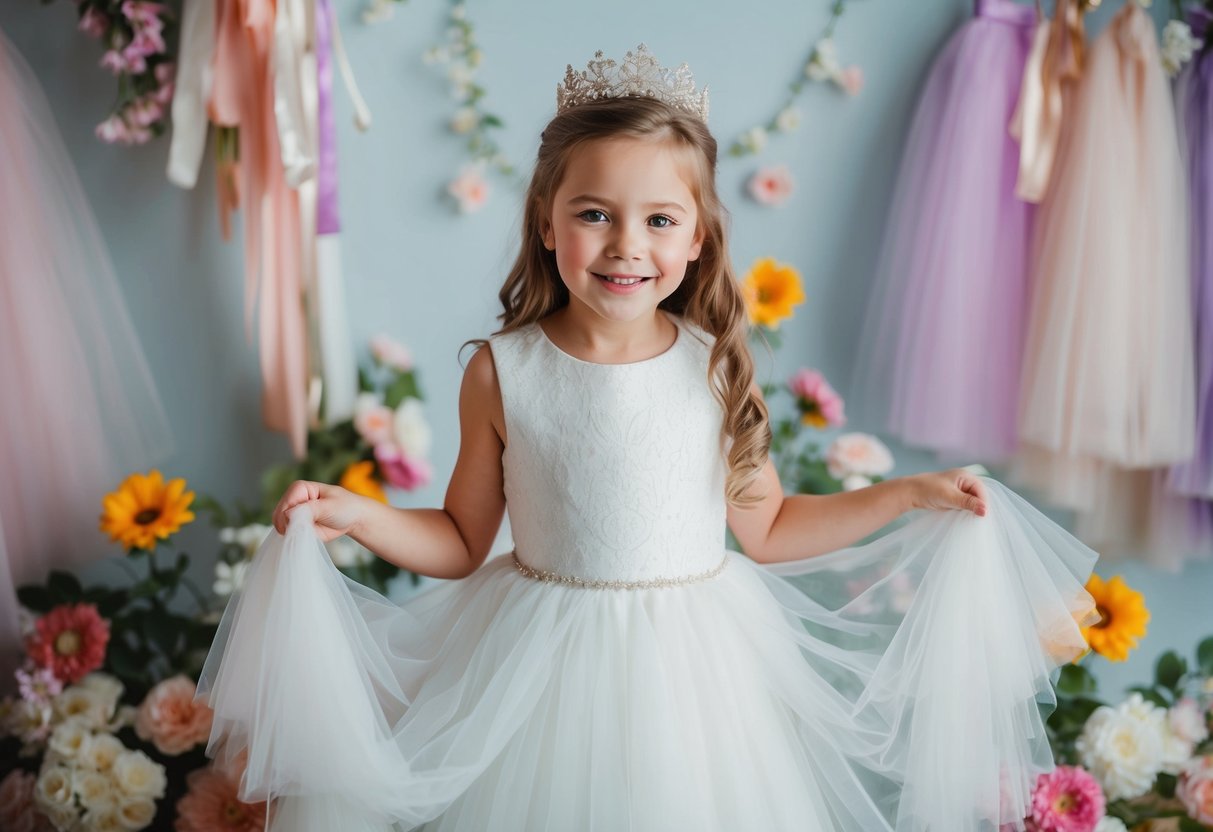 A young girl playing dress-up in a flowing white gown, surrounded by flowers and tulle fabric