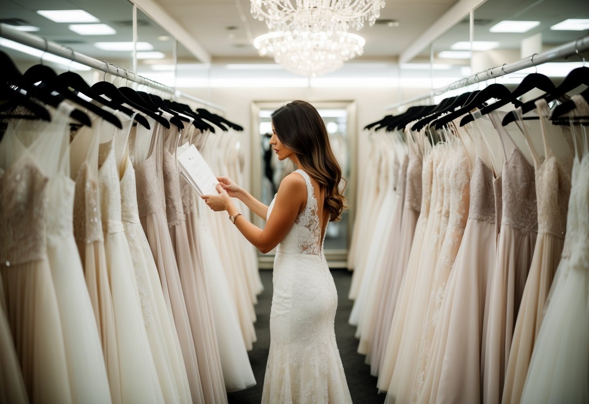 A woman browsing through racks of wedding dresses in a boutique, surrounded by mirrors and soft lighting