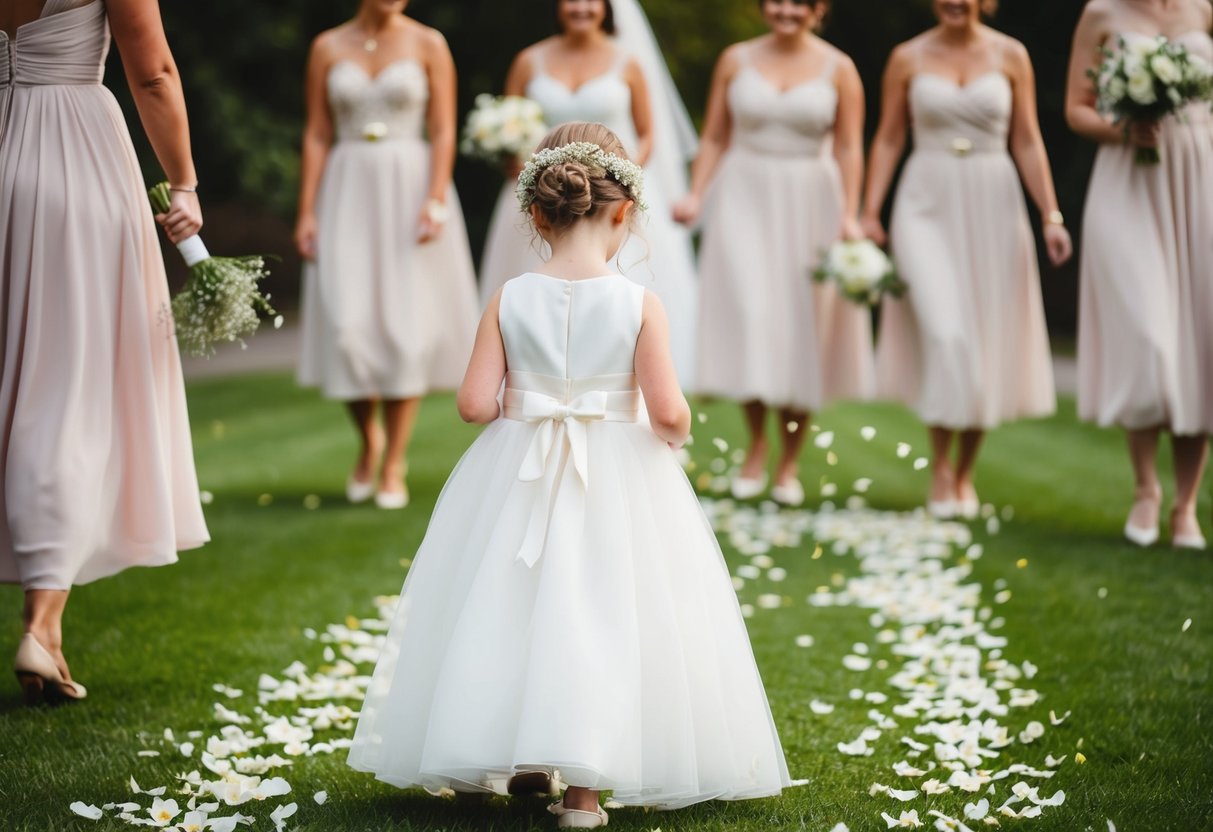 The flower girl leads the way, scattering petals as the bridesmaids follow behind, creating a beautiful pathway for the bride