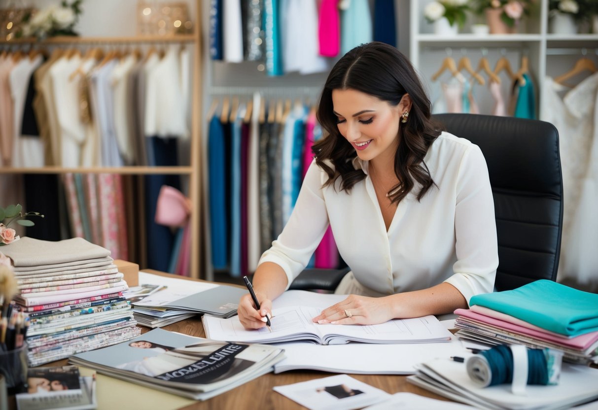 A woman surrounded by wedding magazines and fabric swatches, sketching dress designs at a cluttered desk