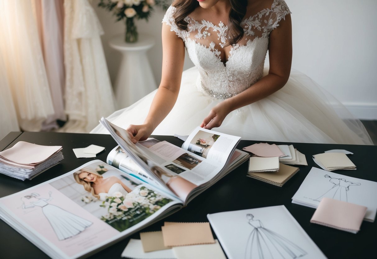 A bride-to-be browsing through wedding dress magazines and websites, surrounded by swatches of fabric and bridal fashion sketches