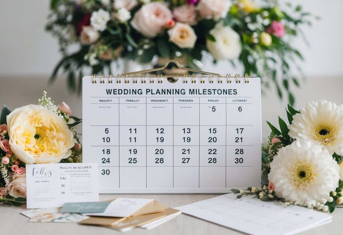 A calendar with wedding planning milestones marked, surrounded by floral arrangements and wedding decor samples