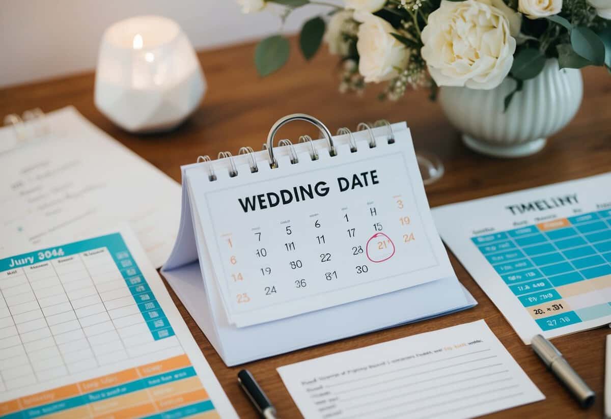 A calendar with wedding date circled, surrounded by planning materials and timeline chart