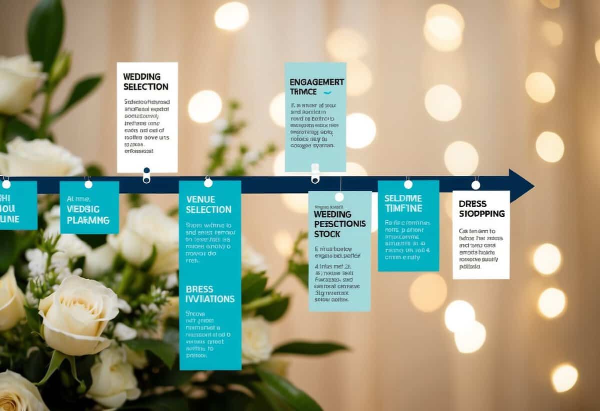A timeline with key milestones for wedding planning, including engagement, venue selection, dress shopping, and invitations