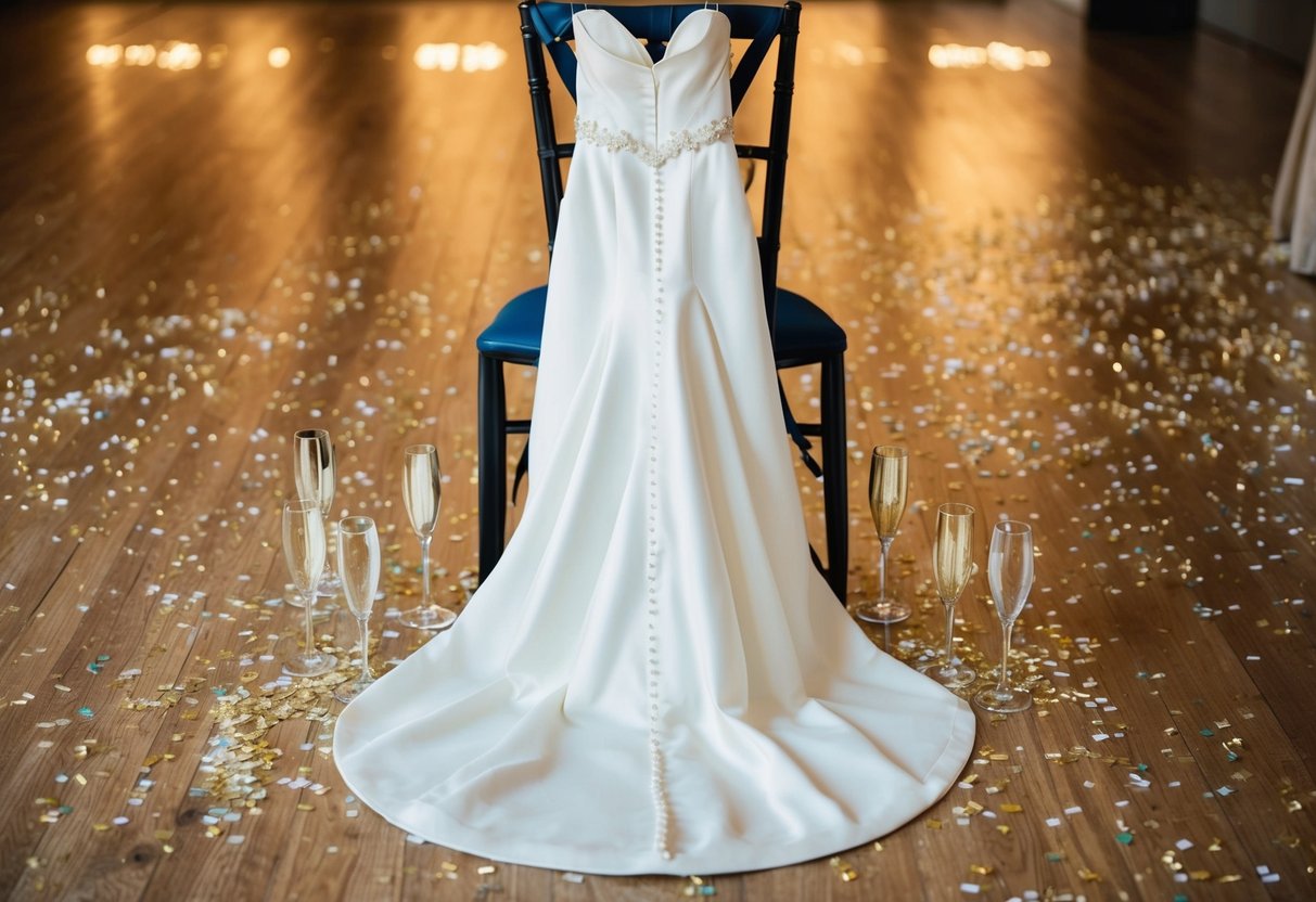A wedding dress hung over the back of a chair, surrounded by empty champagne glasses and scattered confetti on the floor
