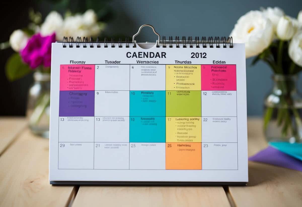 A calendar with various wedding planning tasks and deadlines marked in different colors