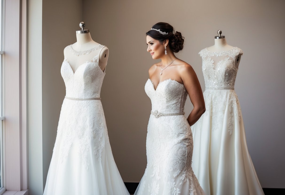 A bride standing between two elegant wedding dresses, contemplating her decision for the big day