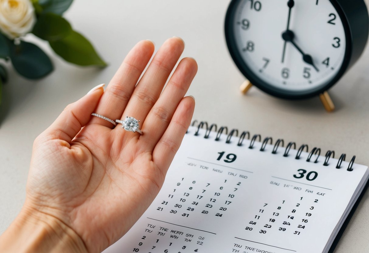 A woman's hand holding a delicate engagement ring, with a calendar showing two years marked off, and a clock indicating the age of 30