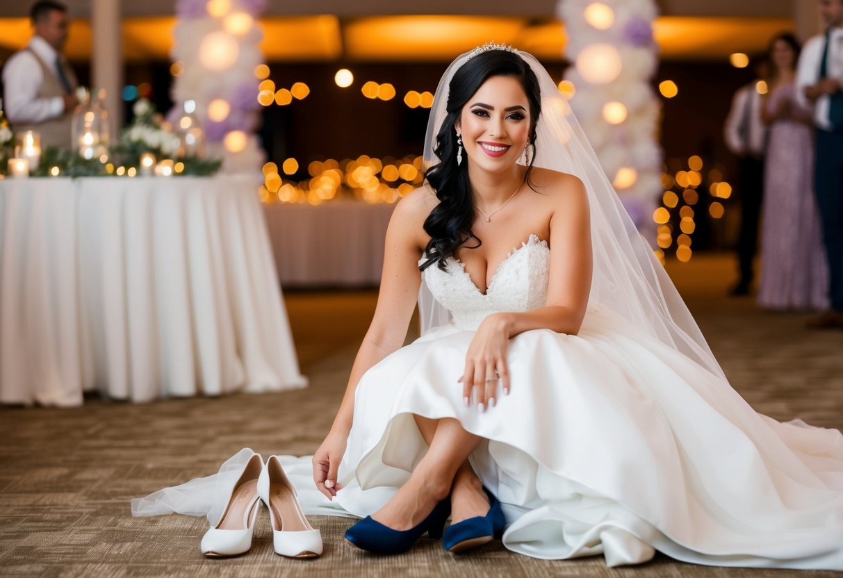 A bride in her wedding dress, comfortably seated with a pair of practical and stylish shoes nearby, surrounded by festive reception decor