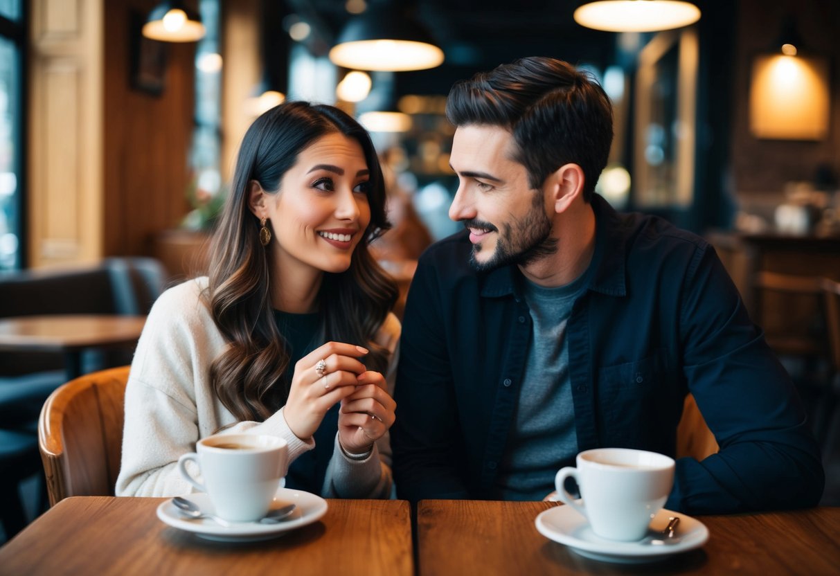 A couple sitting at a cafe, surrounded by a warm, cozy atmosphere. The woman is holding a ring, gazing at it with a mix of excitement and uncertainty. The man is leaning in, looking at her with a reassuring smile