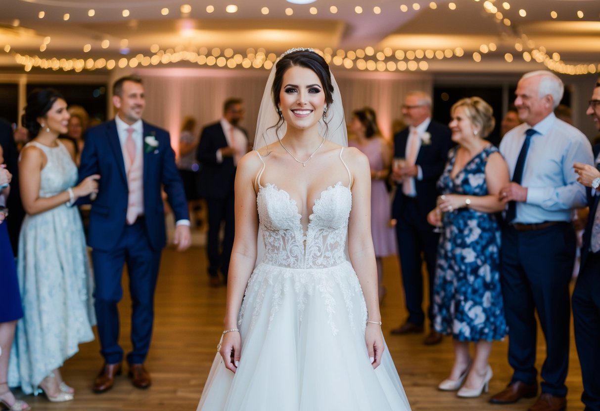 A bride stands in her wedding dress, surrounded by friends and family at the reception, creating lasting memories with her fashion choices