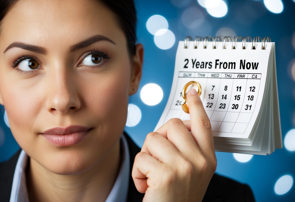 A calendar with a ring marked on the date 2 years from now. A thoughtful expression on a person's face