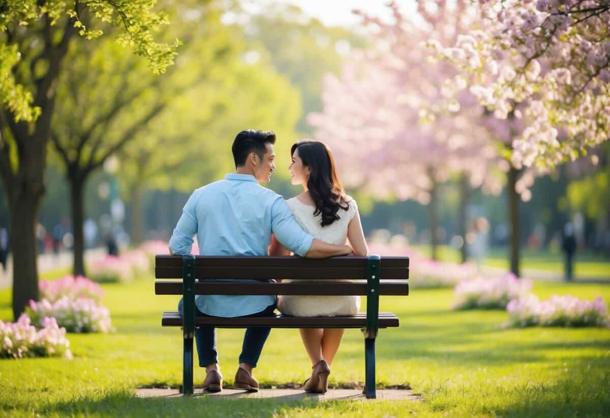 A couple sitting on a park bench, surrounded by blooming flowers and a serene atmosphere, gazing into each other's eyes