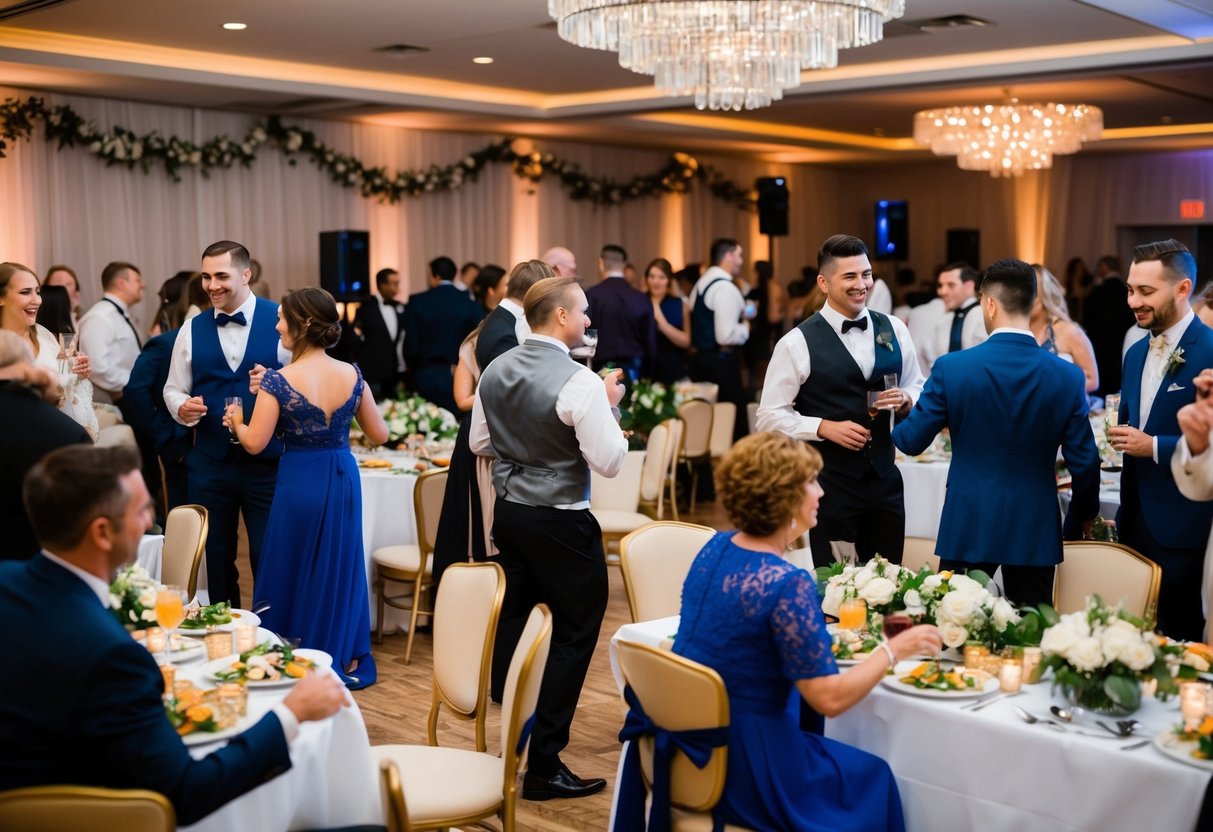 Guests mingling at tables, enjoying the buffet and drinks. A DJ plays music, and some people are dancing on the dance floor. Decorations and flowers adorn the room