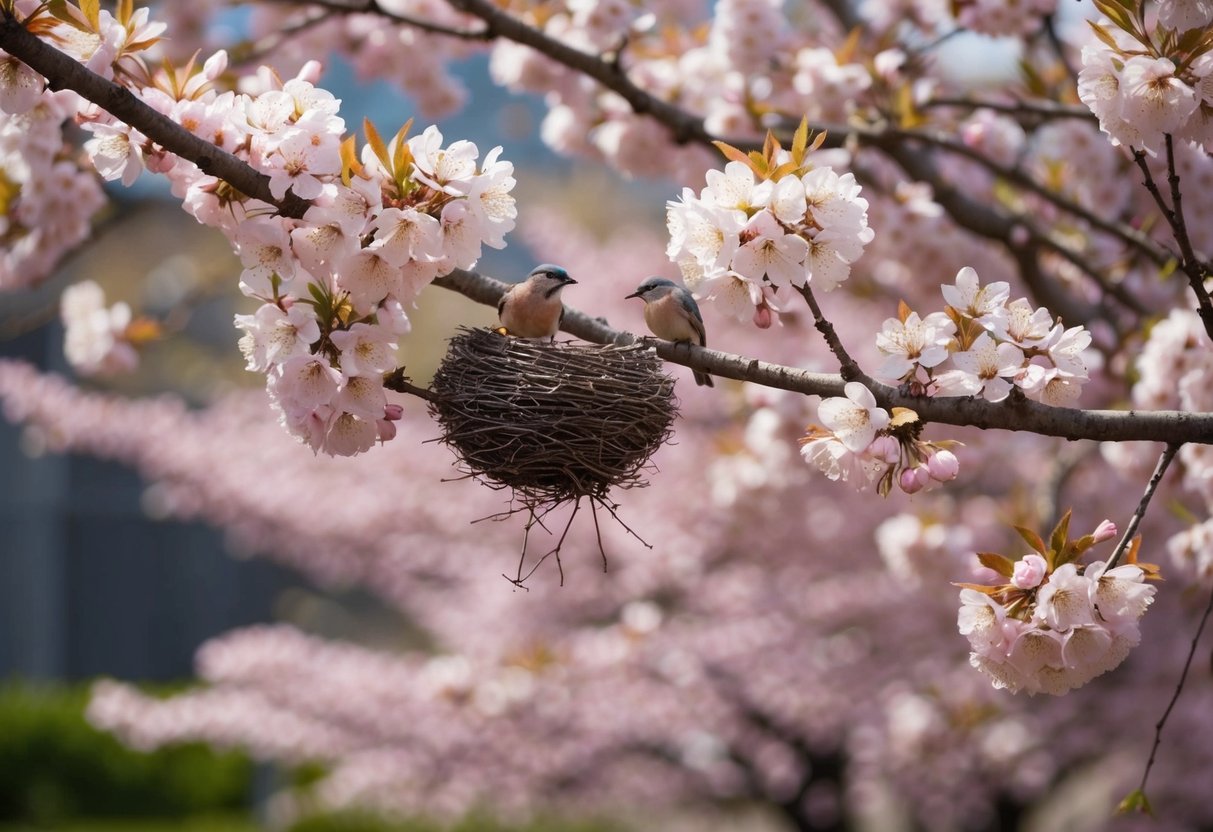A blooming cherry blossom tree with a couple of birds building a nest in its branches