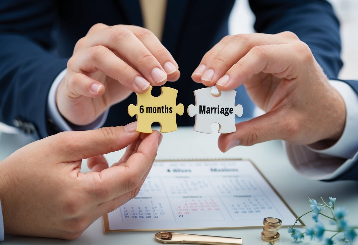 A couple's hands placing two puzzle pieces together, with one piece labeled "6 months" and the other "marriage," against a backdrop of a calendar and wedding symbols