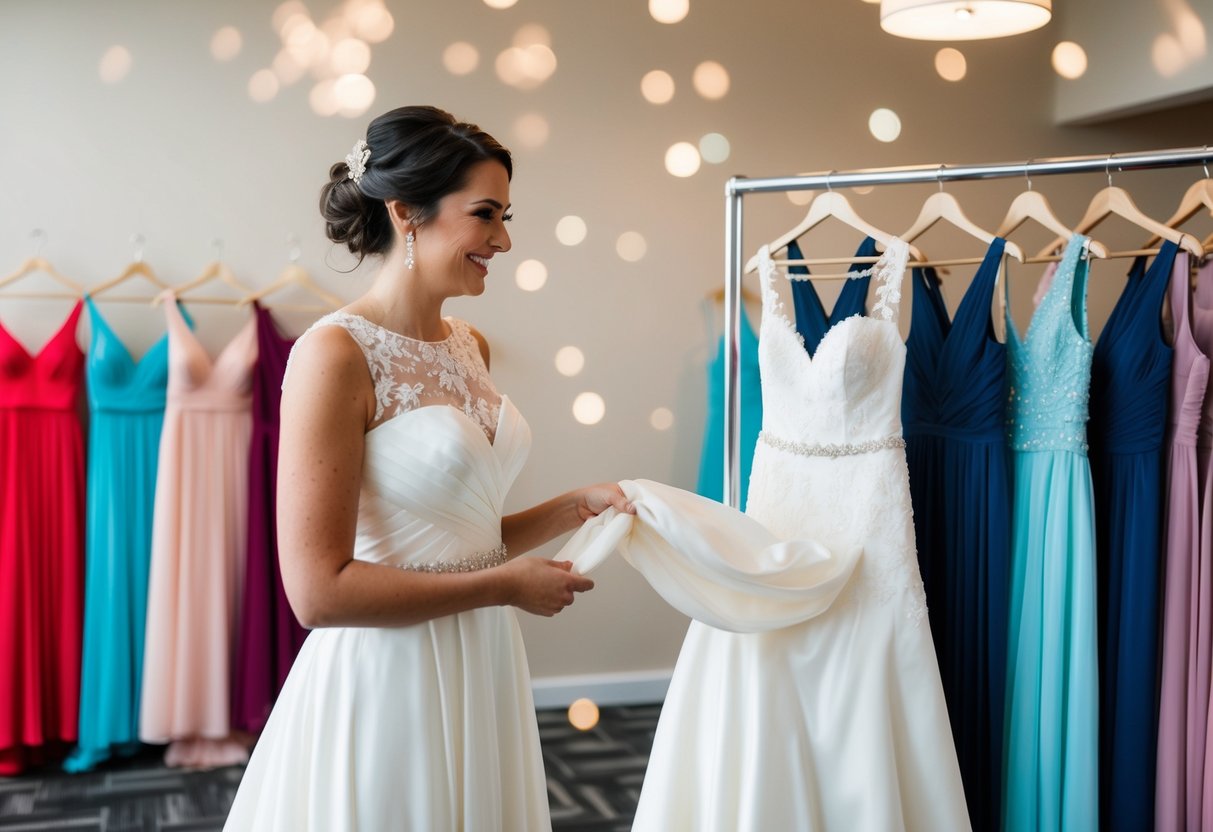 A bride holding a wedding dress while standing next to a rack of reception dresses