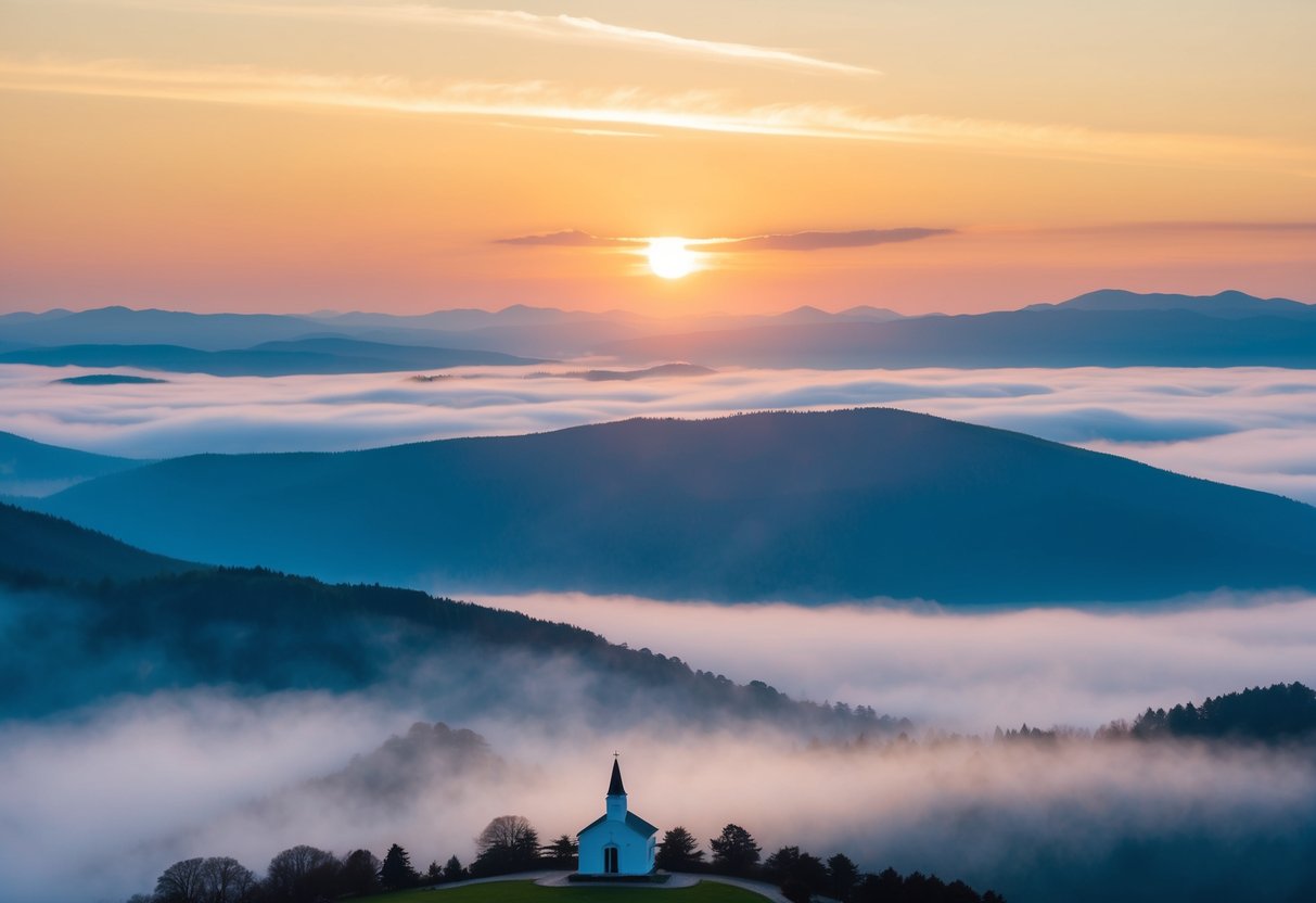 A sunrise over a misty mountain valley, with a small chapel in the distance
