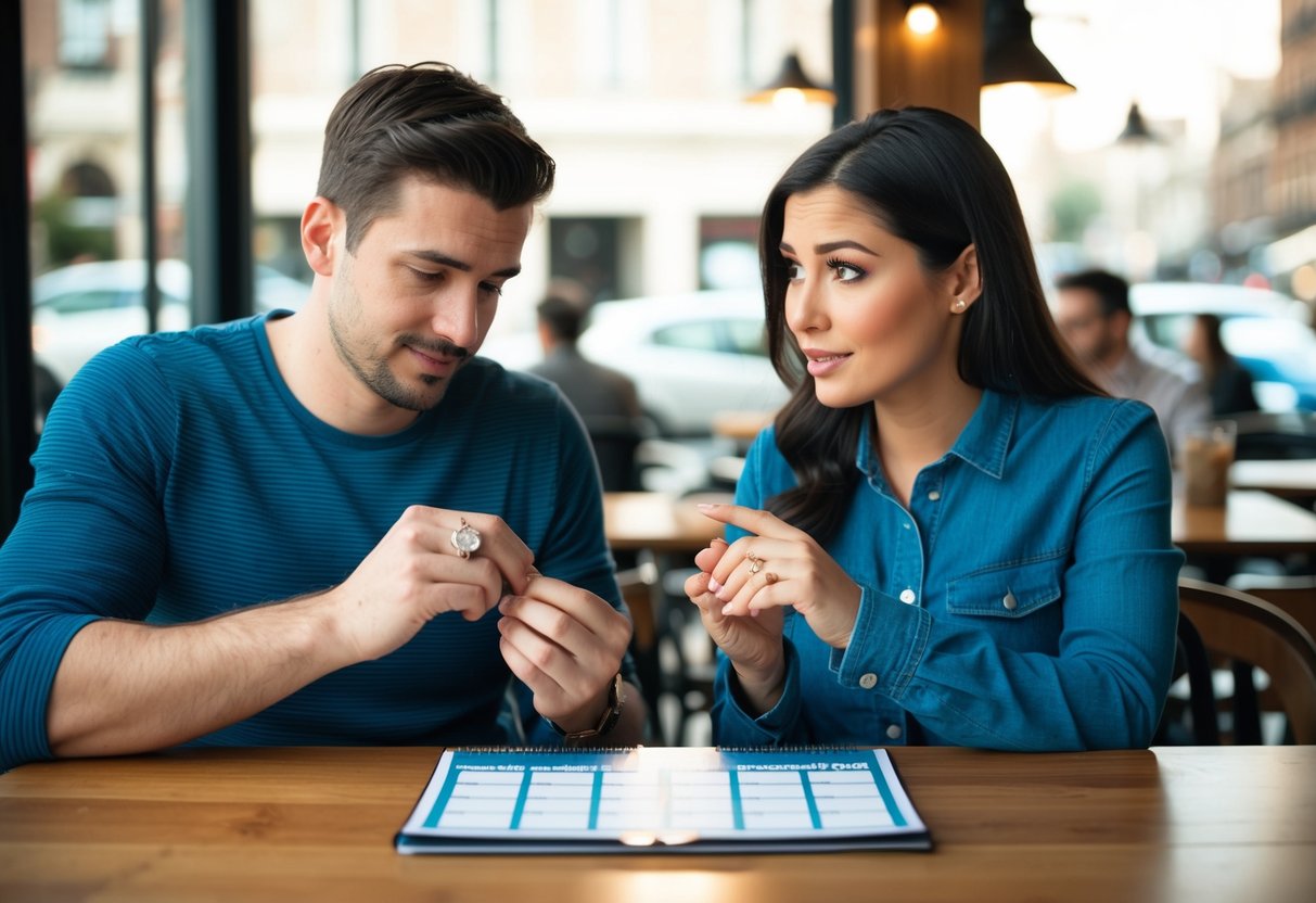A couple sitting at a cafe, one looking at a ring, the other with a questioning expression. A calendar on the table shows a few months crossed out