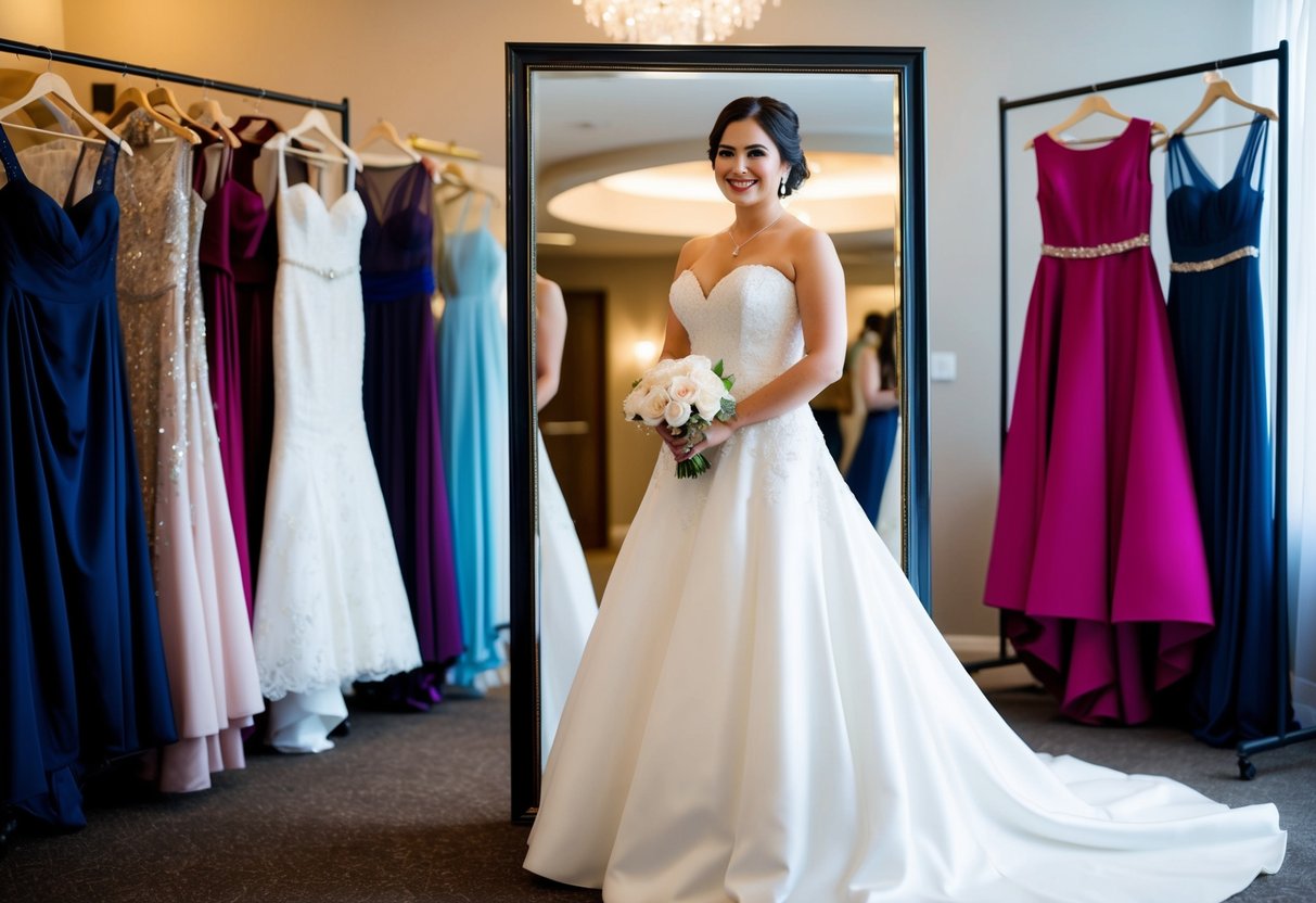A bride standing in front of a full-length mirror, wearing her wedding gown, with a rack of dresses in the background for the reception