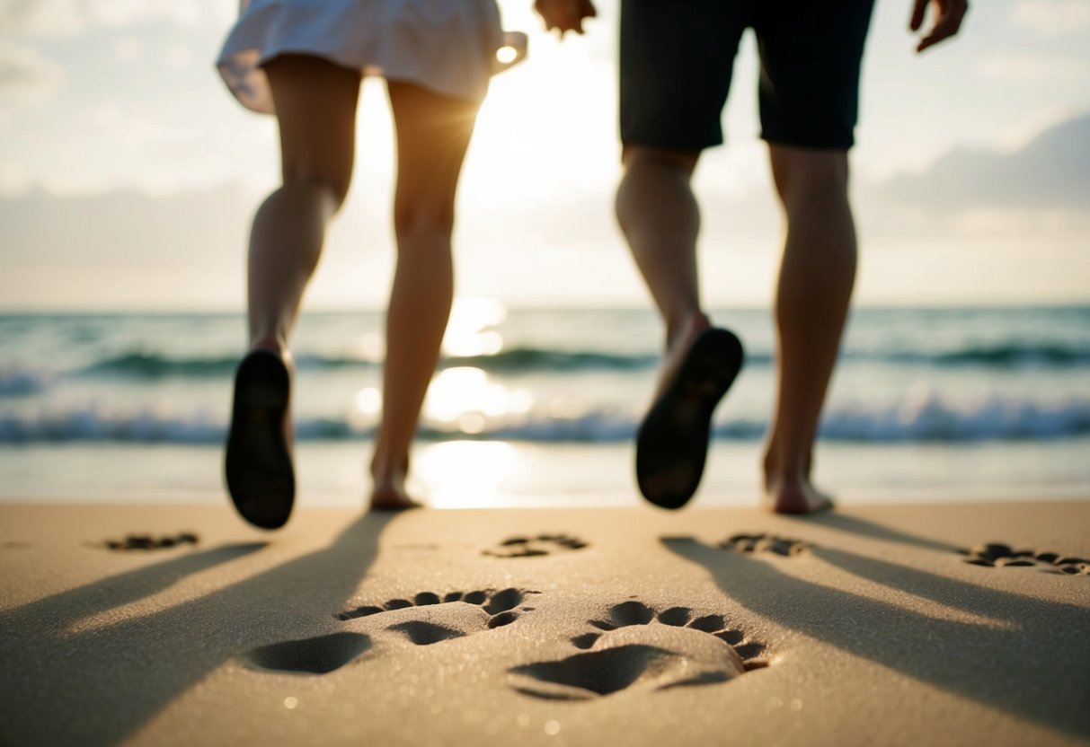 A couple's footprints in the sand, with one set leading ahead and the other lagging behind, symbolizing the question of readiness for marriage