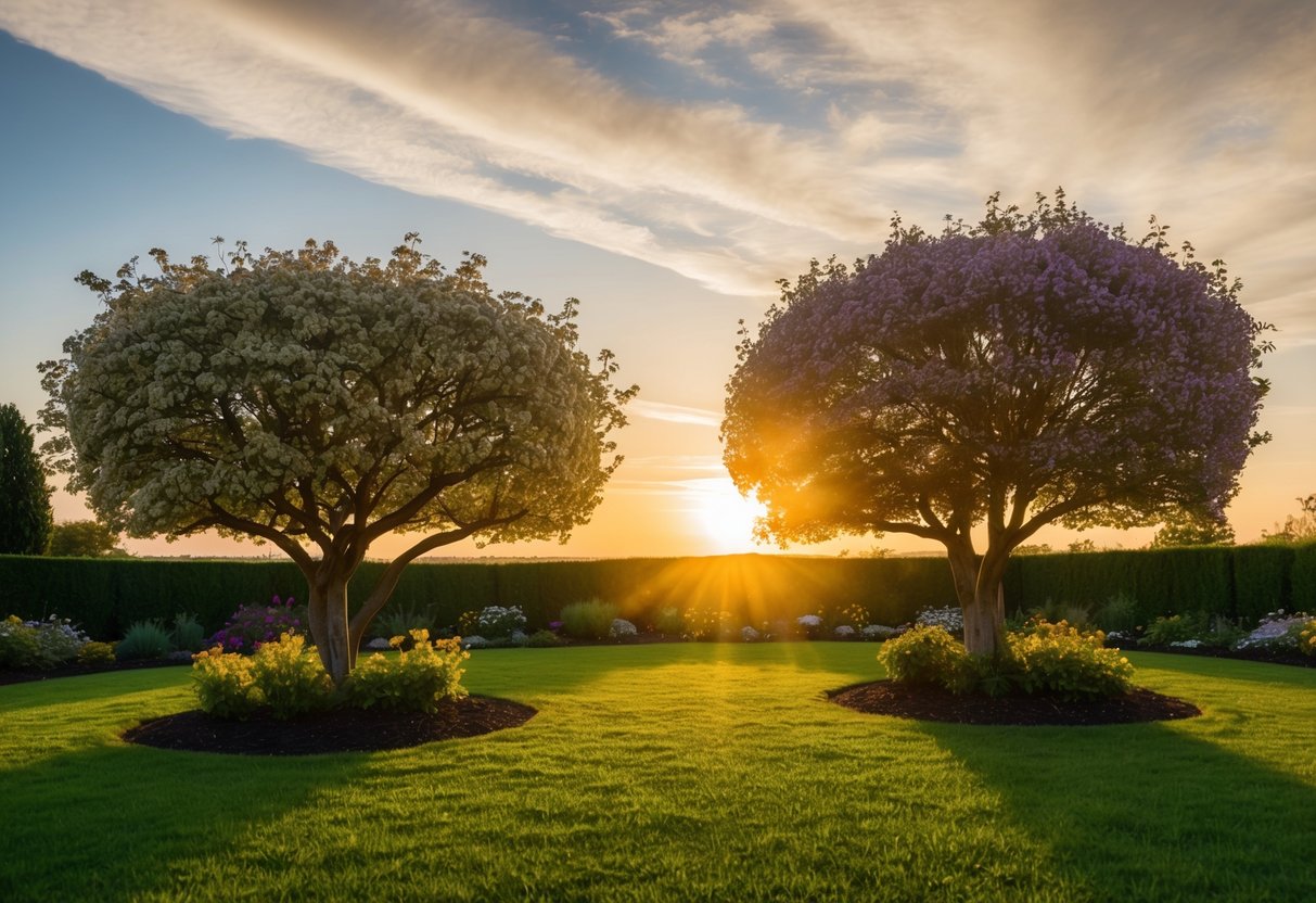 A blooming garden with two intertwining trees under a golden sunrise