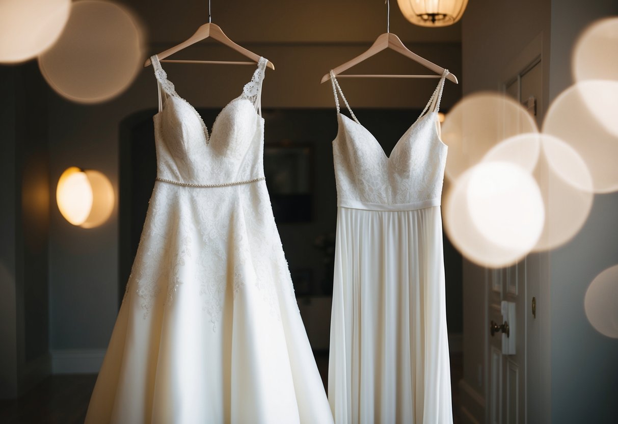 A bride's elegant wedding gown hanging next to a shorter, more casual dress, with soft lighting and a sense of anticipation in the air