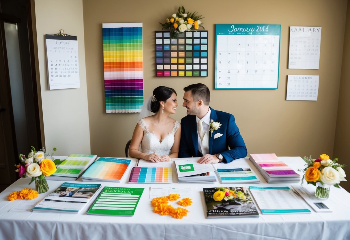 A couple sits at a table covered in wedding magazines and spreadsheets, surrounded by colorful swatches and flower samples. A calendar on the wall shows the date of their upcoming wedding