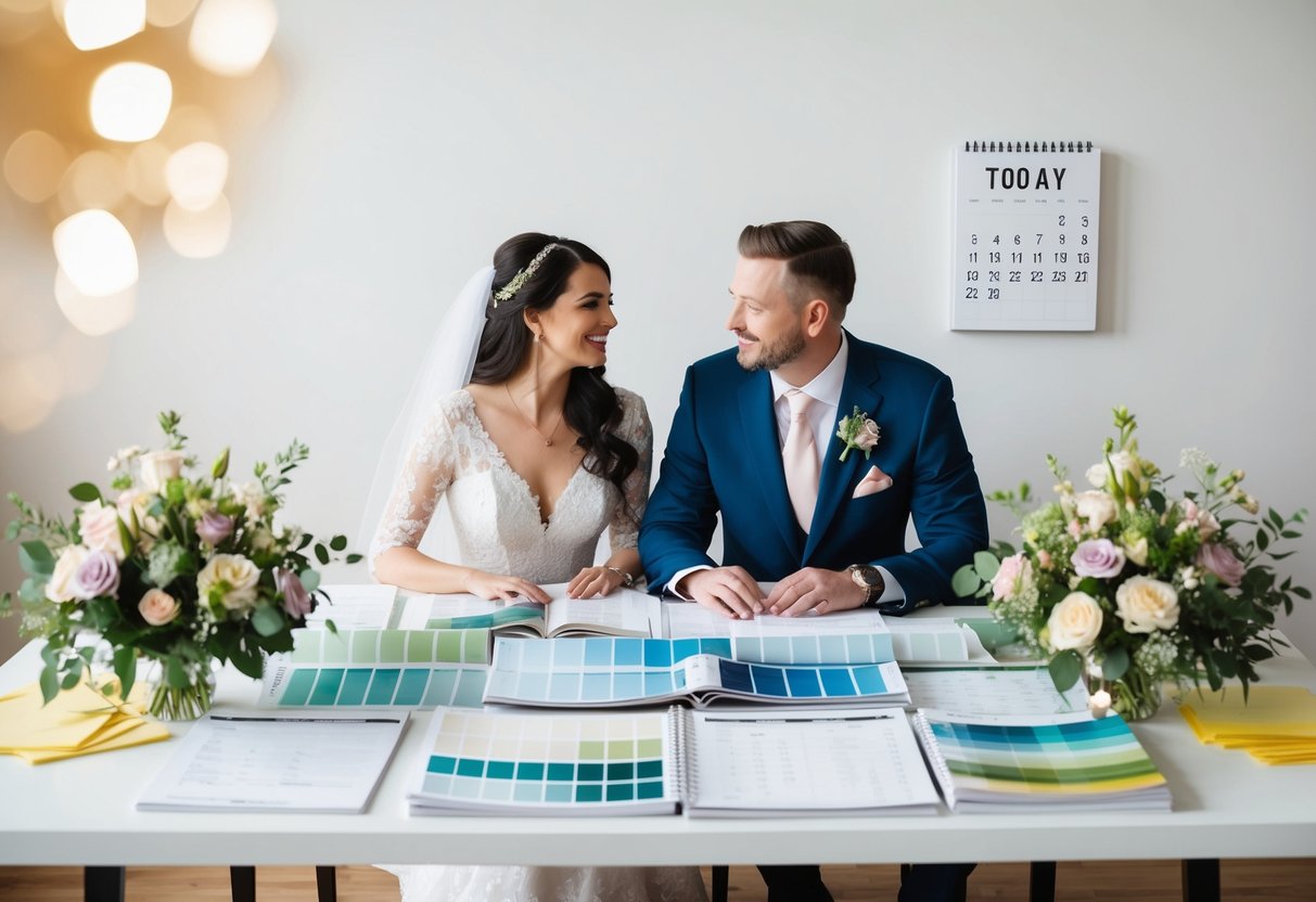 A couple sits at a table covered in wedding magazines and spreadsheets, surrounded by color swatches and floral arrangements. A calendar on the wall marks the date exactly one year from today