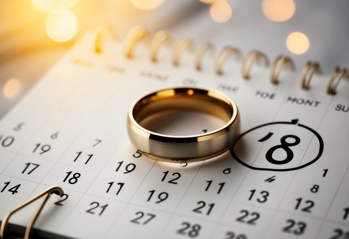 A ring placed on a calendar, with the date 18 months in the future circled