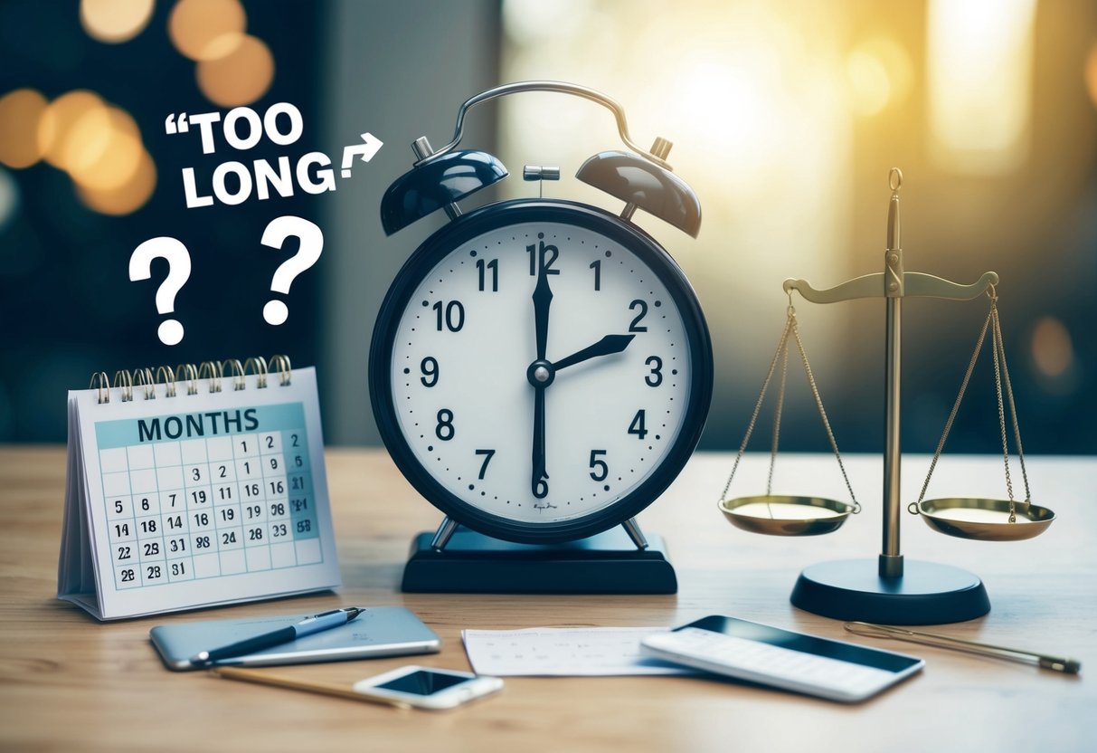 A clock with hands pointing to 18 months, surrounded by various factors influencing engagement duration, such as a calendar, a question mark, and a scale tipping towards "too long"