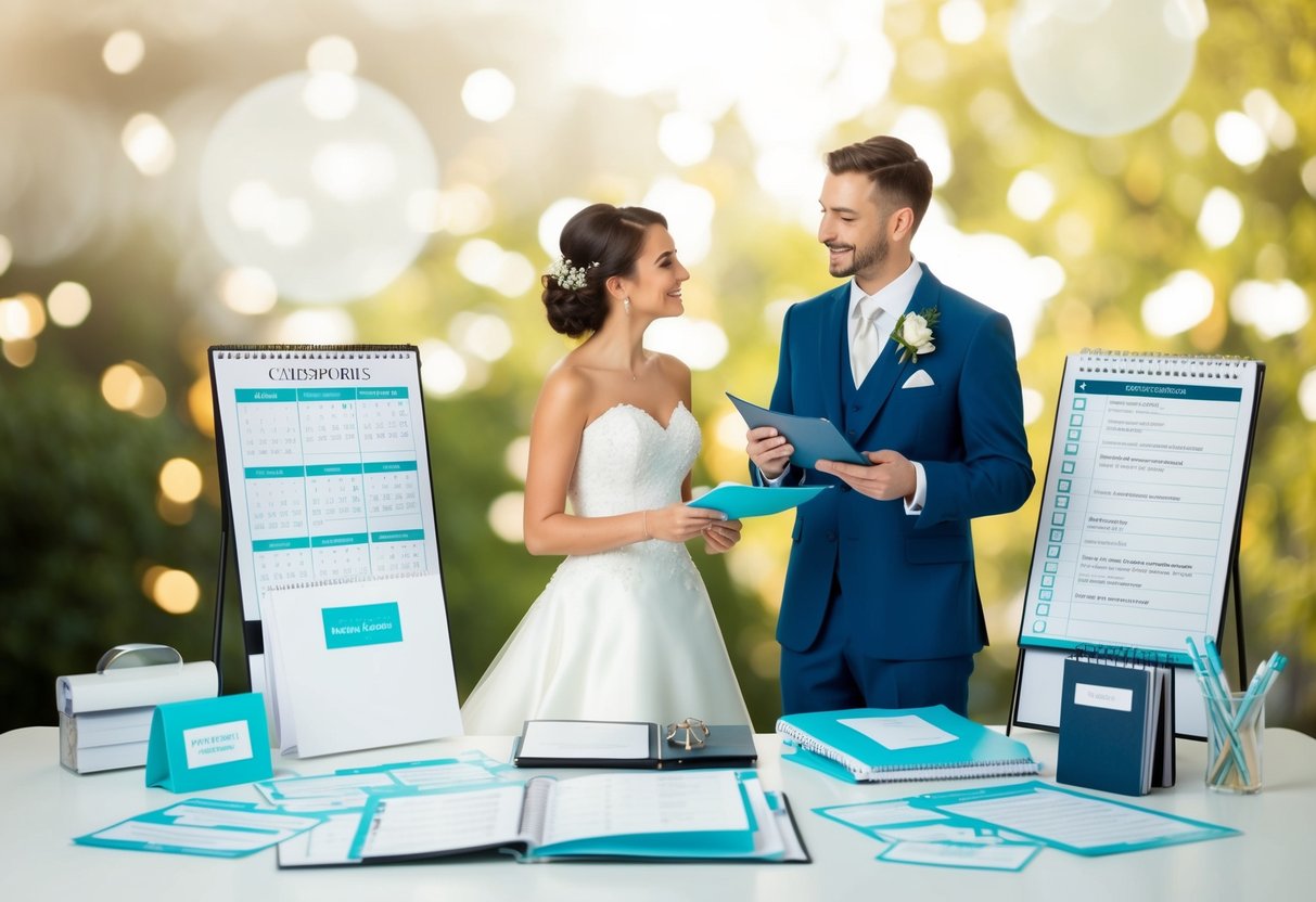 A bride and groom stand surrounded by wedding planners, calendars, and checklists, discussing their big day